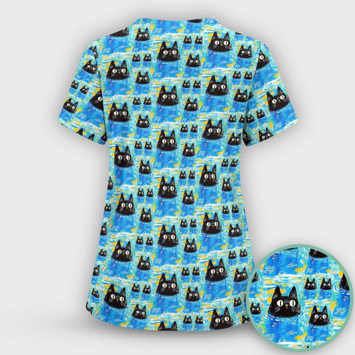 Black Cat Swimming In Blue Water Nurse Scrub Set