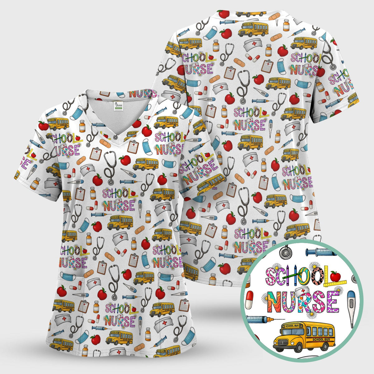 School Bus Stethoscope Nurse Scrub Top