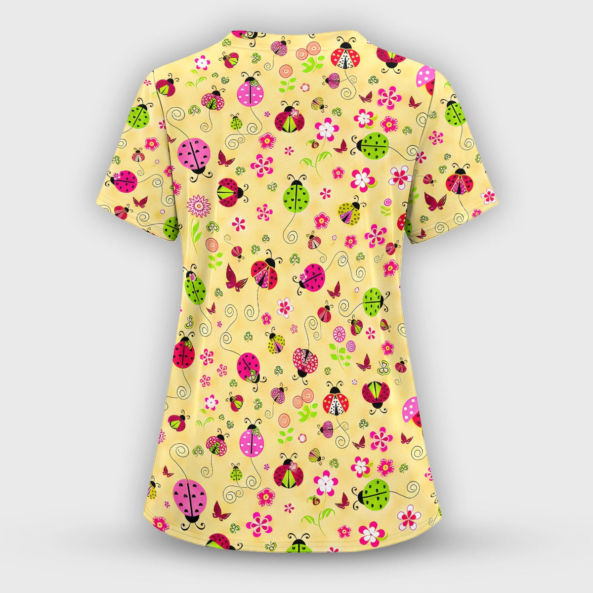 Yellow Ladybug Floral Garden Pattern Scrub Top, Breathable Fabrics Nursing Uniform