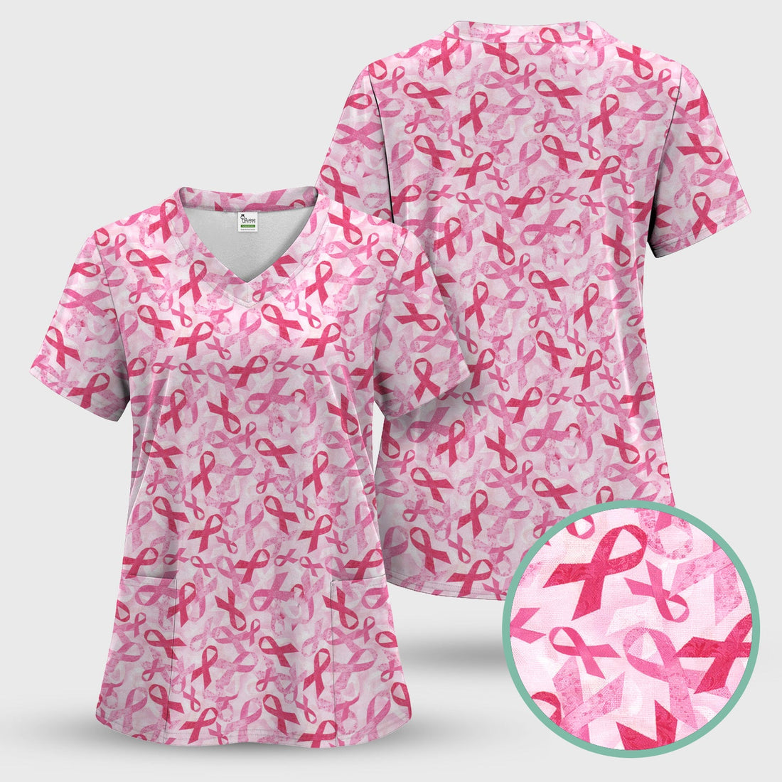 Breast Cancer Pink Ribbon All Over Print Nurse Scrub Top