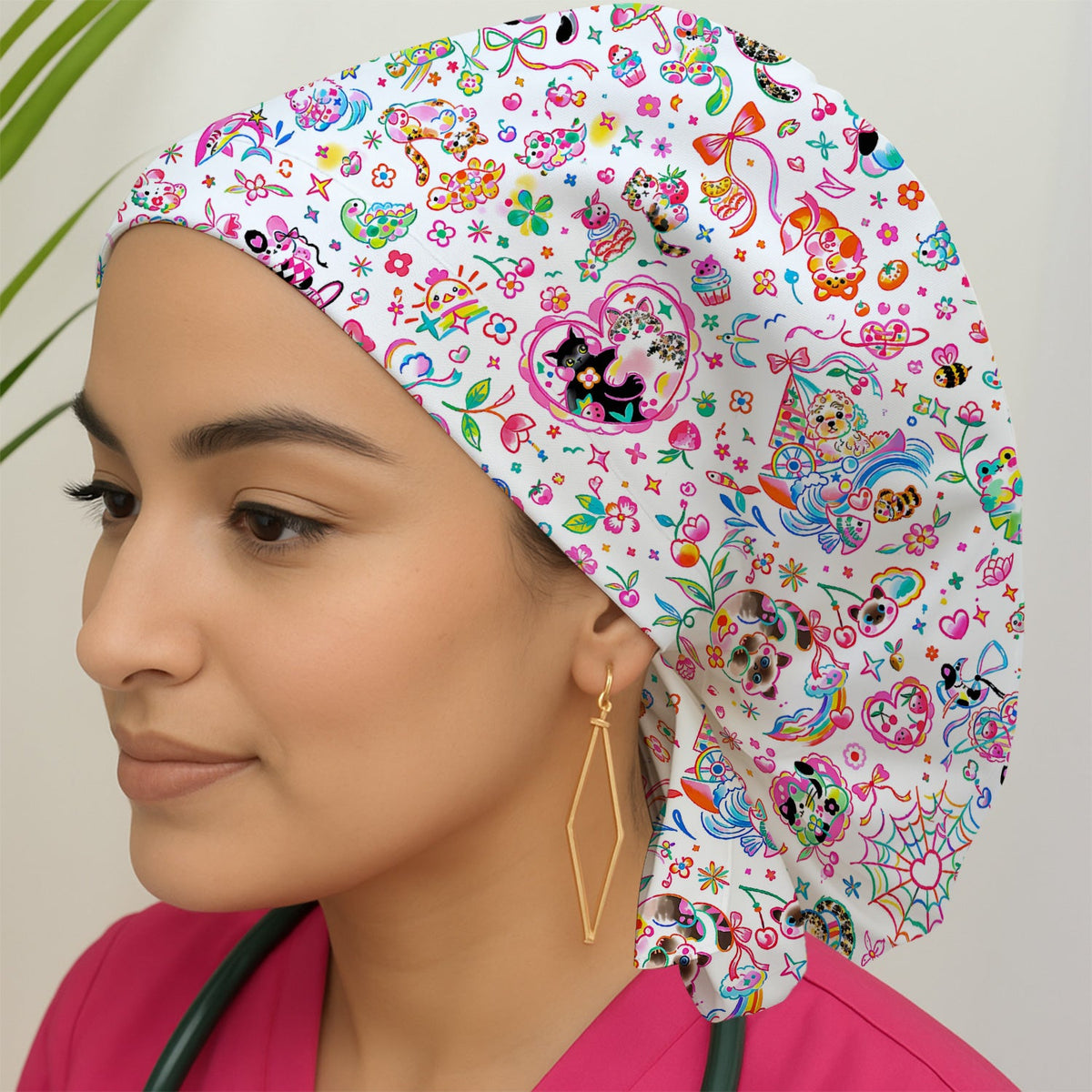 Colorful Kawaii Cat Heart Doodle Scrub Cap