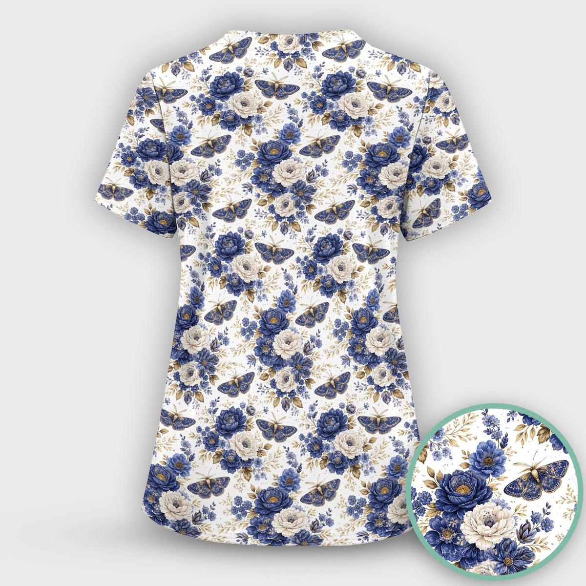 Cute Blue Floral Moth Nurse Scrub Top