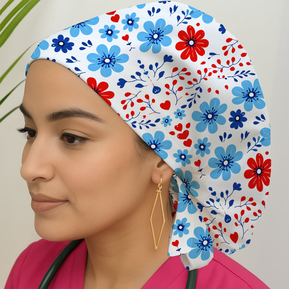 Symmetrical Folk Floral Heart Scrub Cap