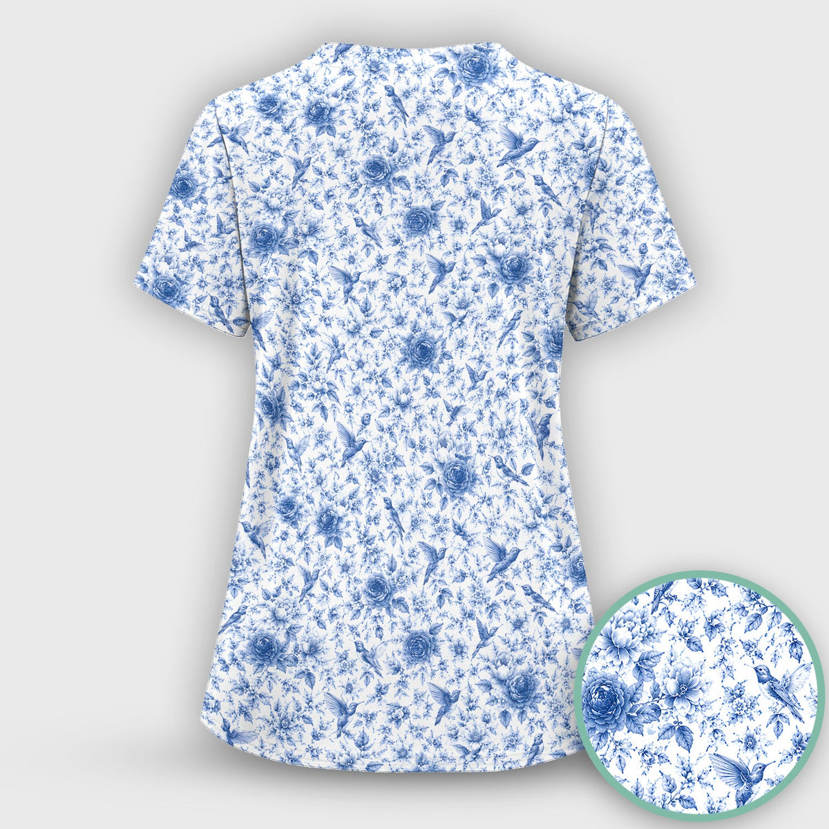Blue Floral Hummingbird Toile Nurse Scrub Top
