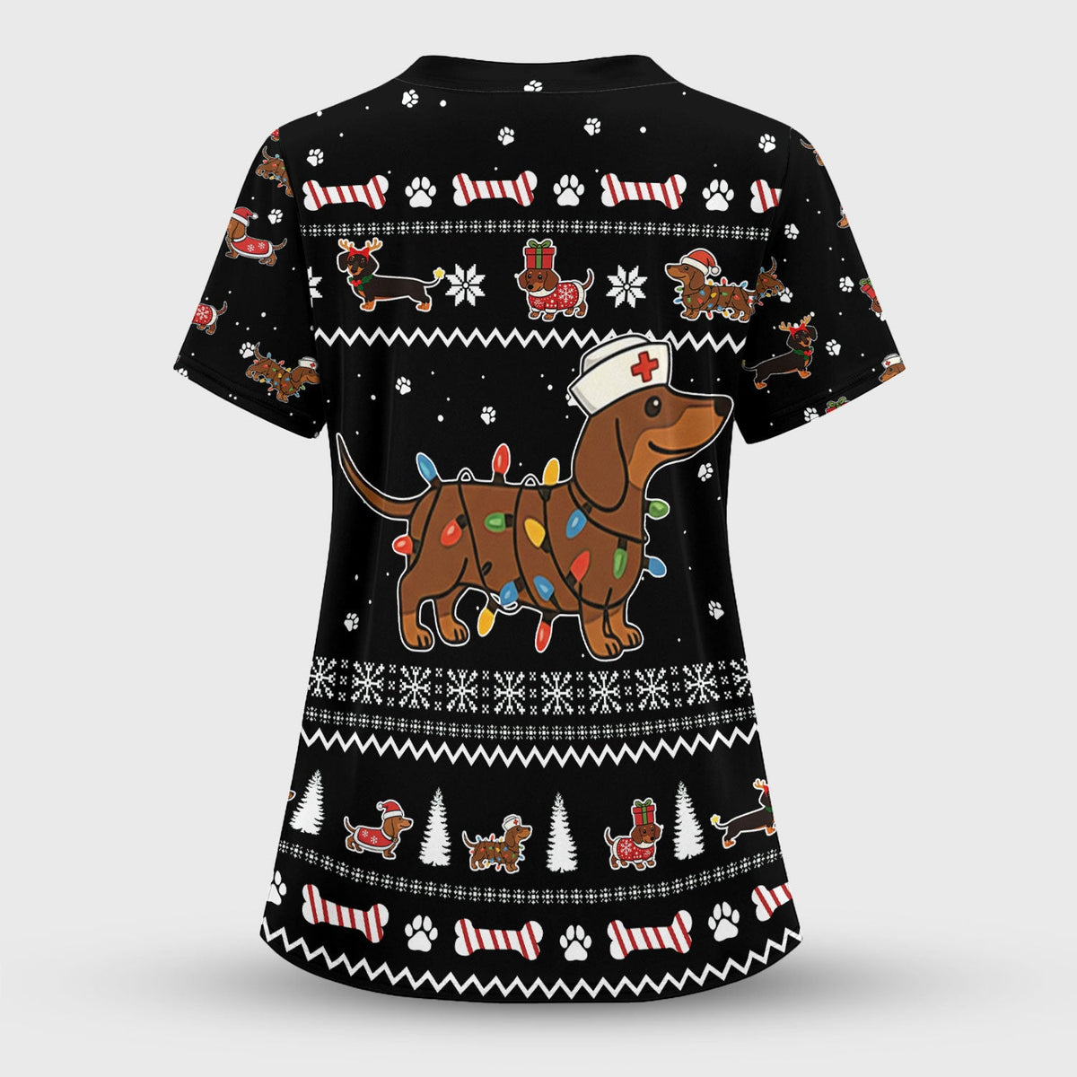 Christmas Dachshund Nurse Scrub Top for Women - Cute Sausage Dog Wearing Lights - Funny Holiday Medical Shirt Gift for RN CNA LPN