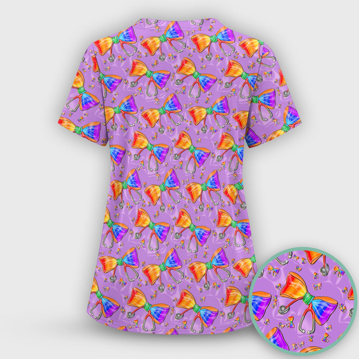 Colorful Rainbow Bow Stethoscope Nurse Scrub Top
