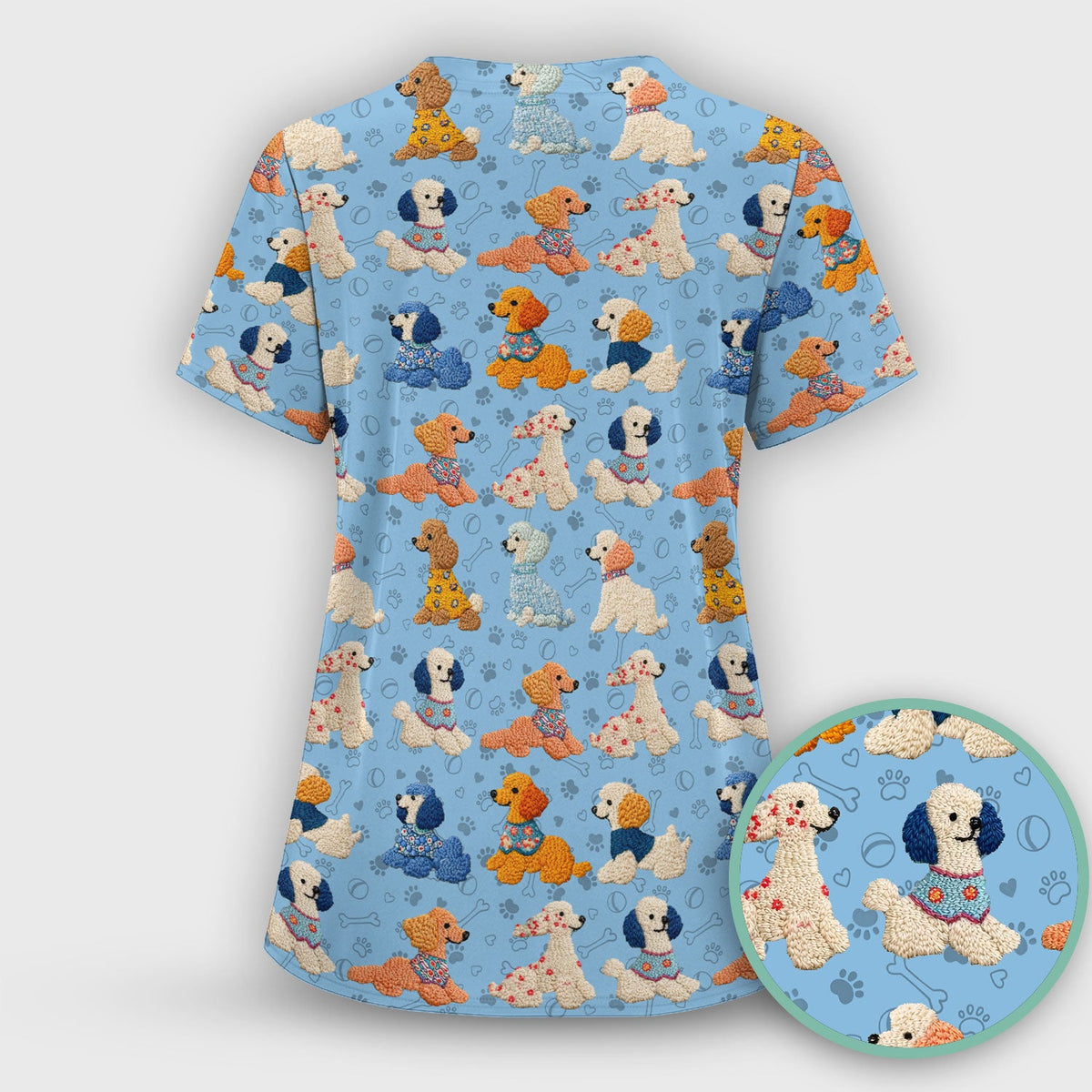 Cute Colorful Poodle Pattern Scrub Set, Scrub Pants and V Neck Top