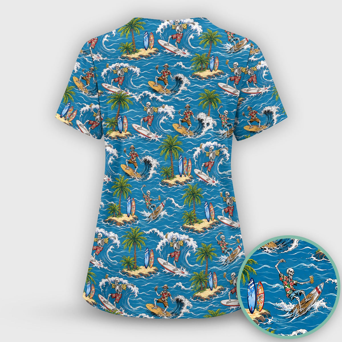 Spooky Tropical Skeleton Surfer Nurse Scrub Top