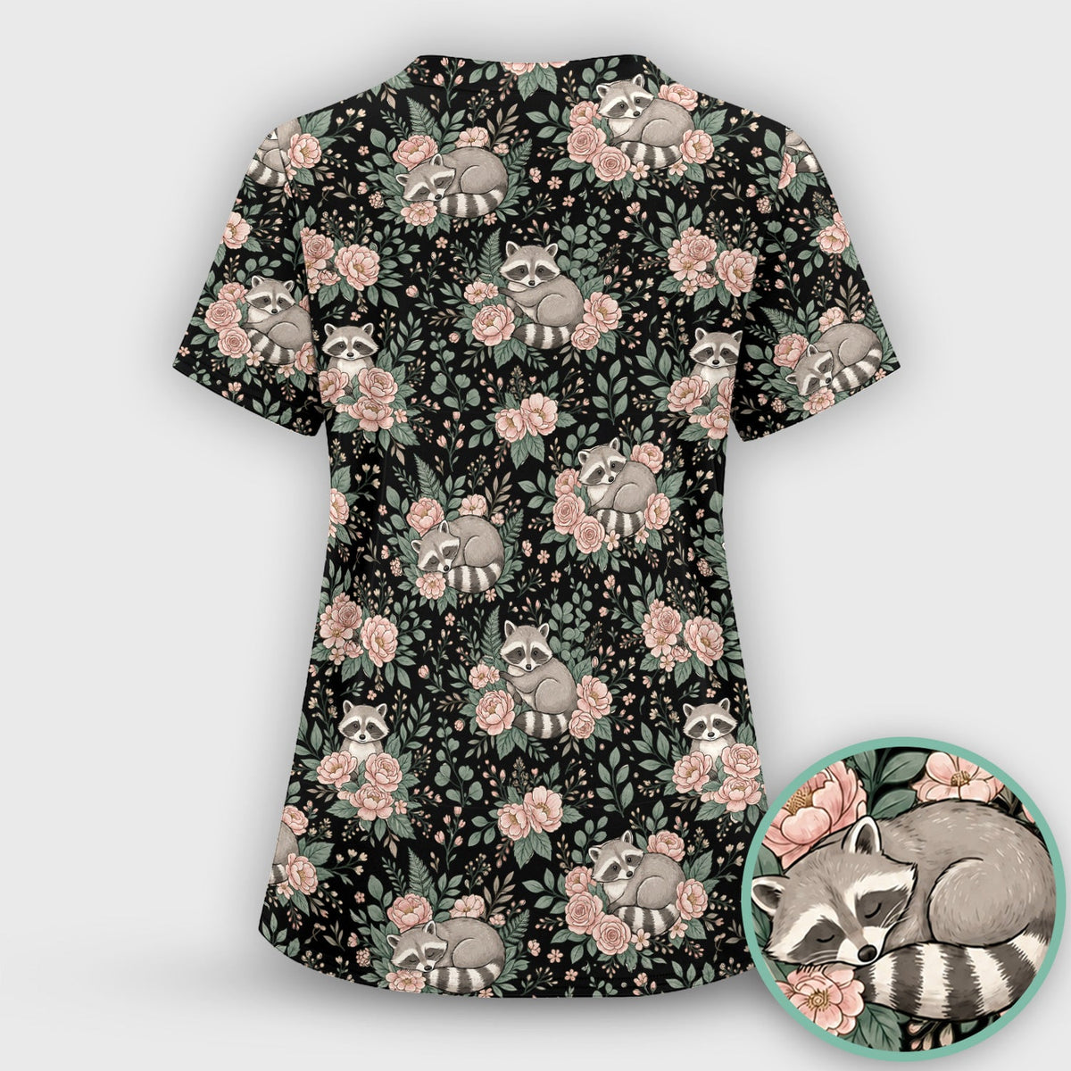 Sleeping Raccoon Rose Garden Nurse Scrub Set
