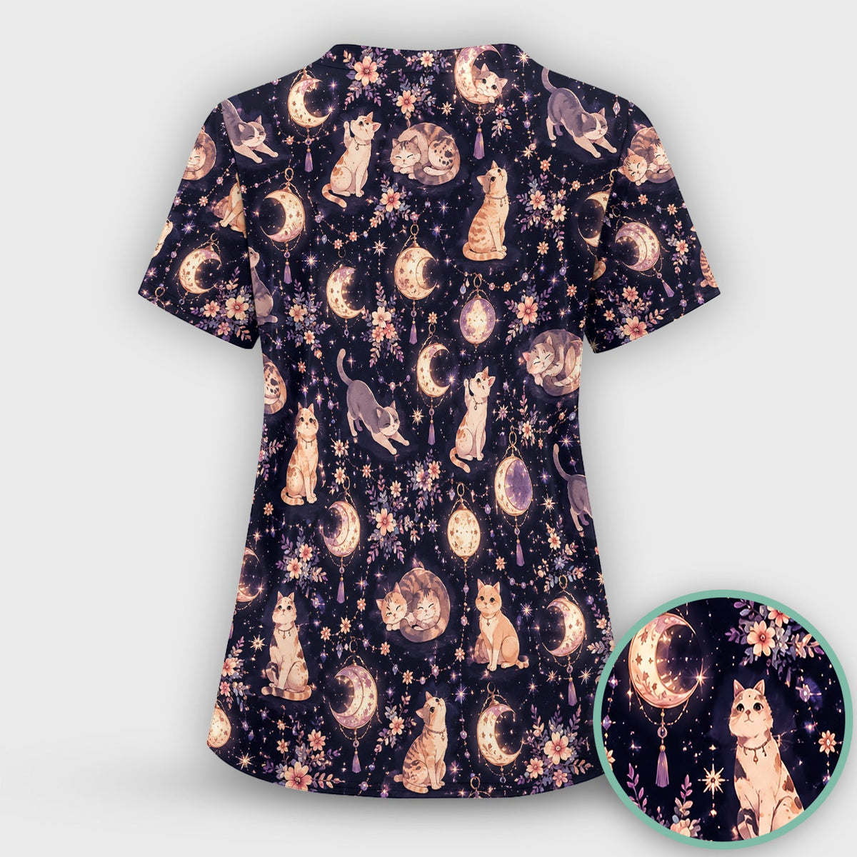Celestial Cat Pattern Scrub Set, Scrub Pants and V Neck Top