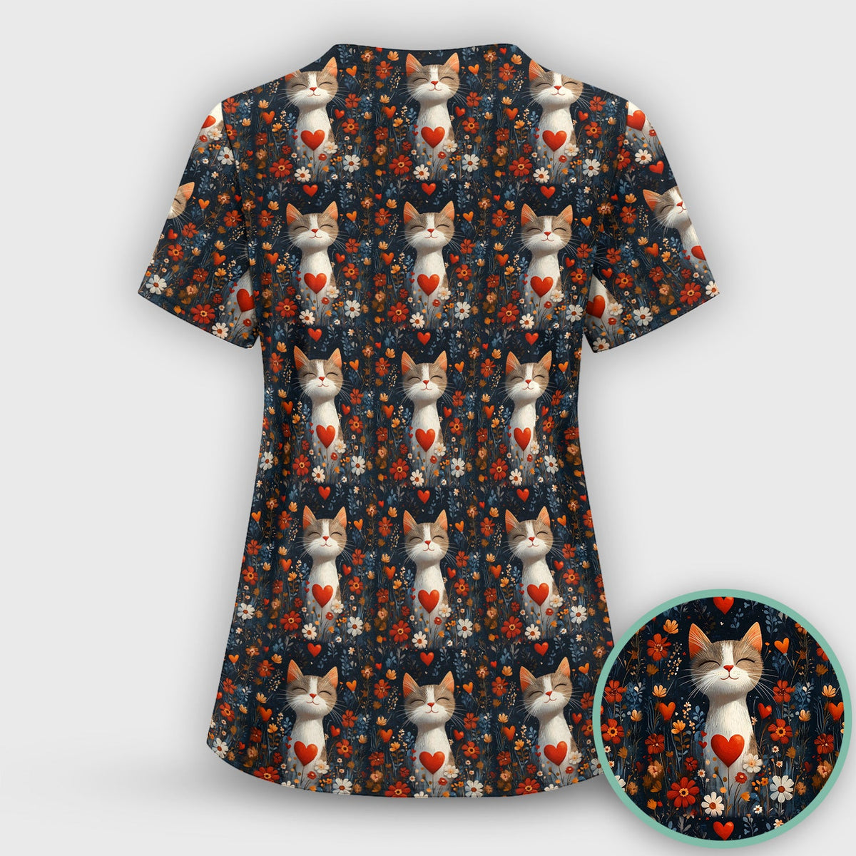 Cat Heart Floral Garden Nurse Scrub Top