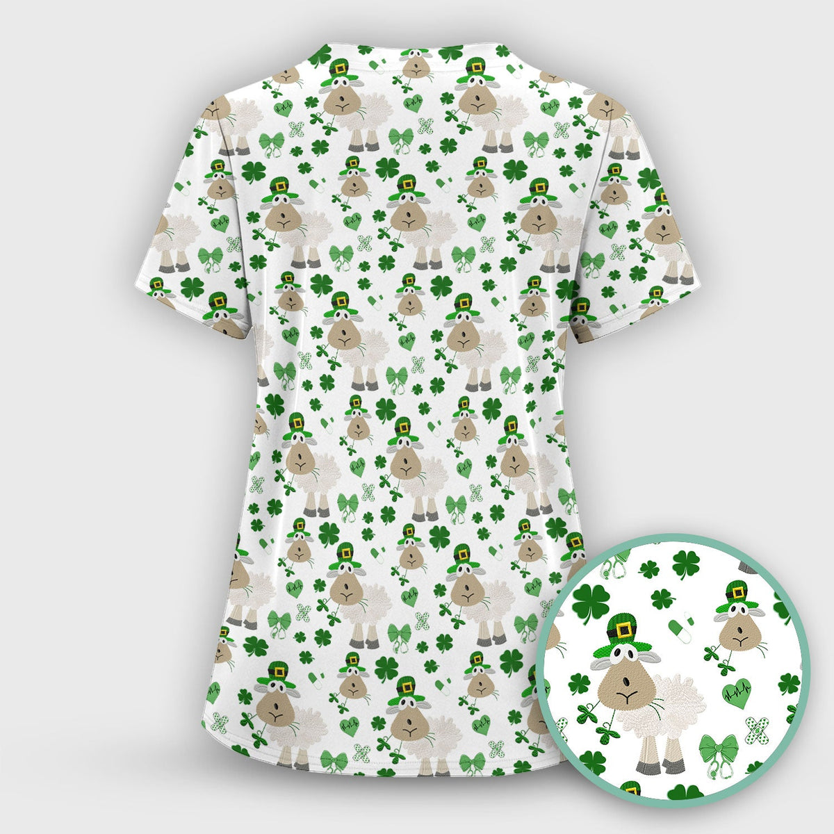 Nurse St. Patrick's Day Scrubs Top, Cute Sheep Shamrock Pattern Nurse Shirt, Breathable Fabrics Nursing Uniform