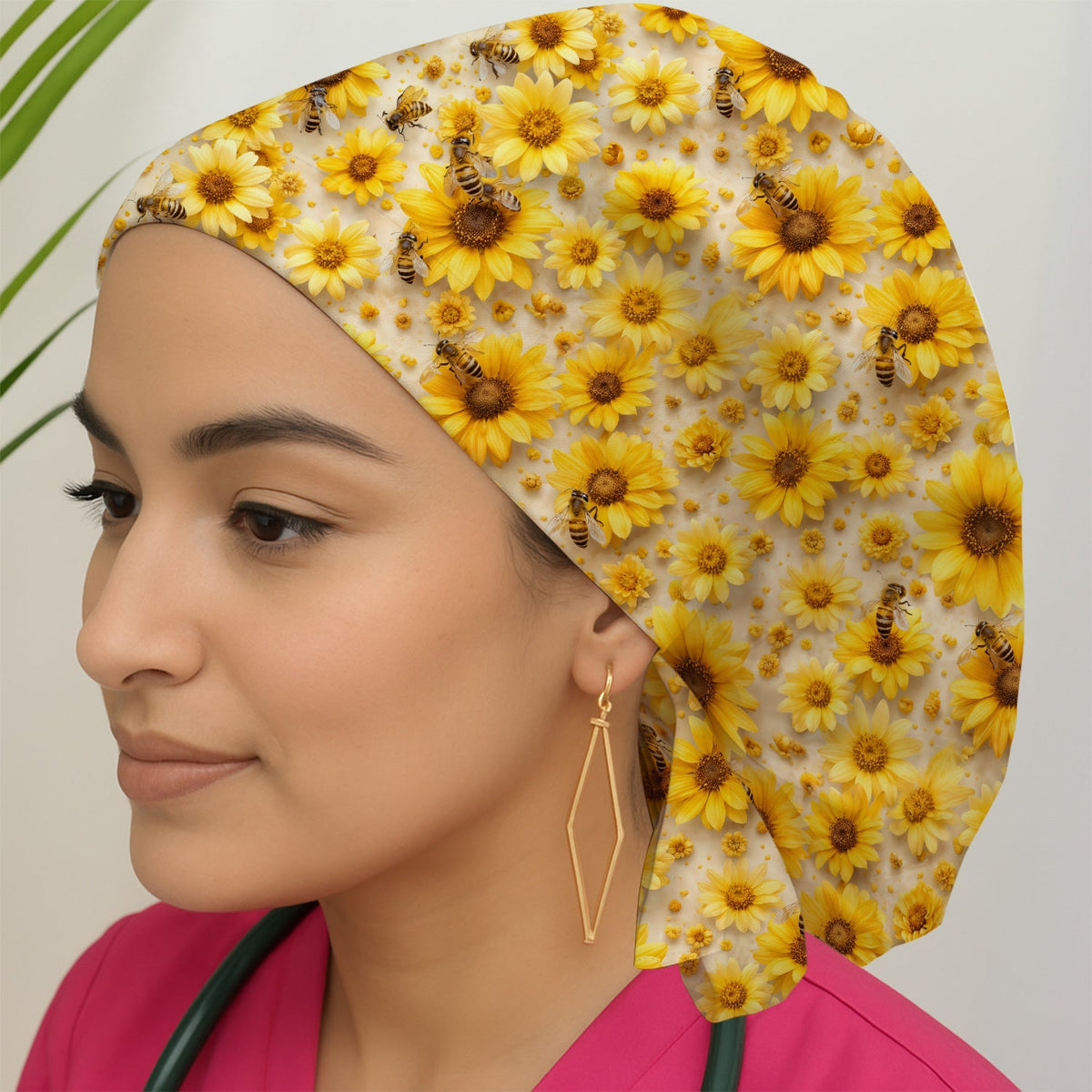 Yellow Sunflower Bee Garden Scrub Cap