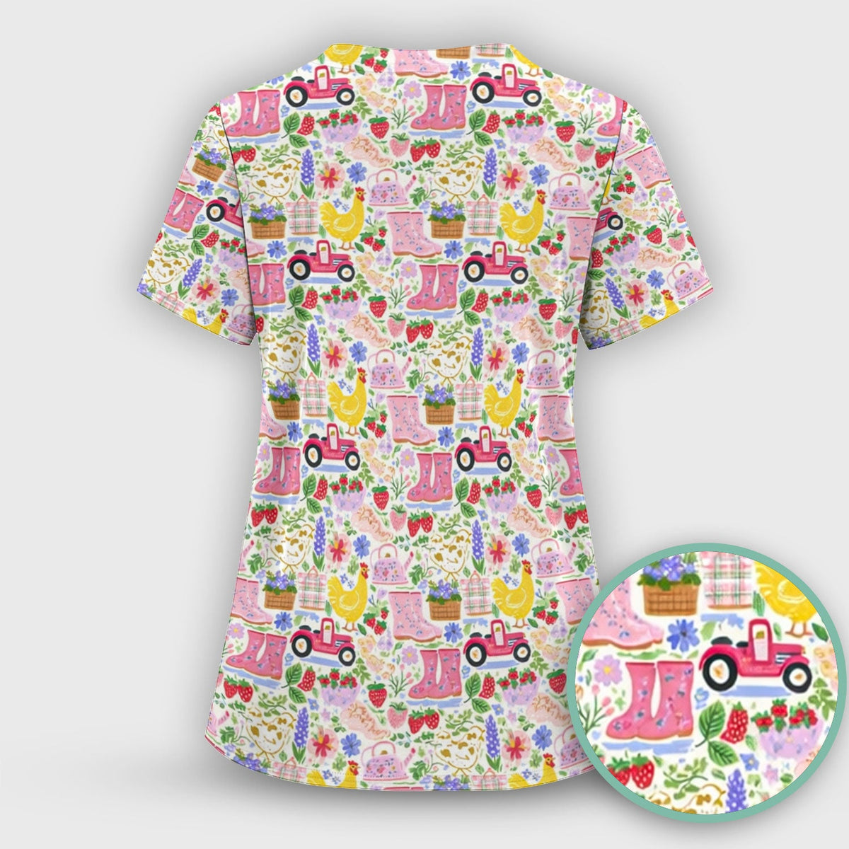 Floral Farm Boots Chicken Nurse Scrub Top