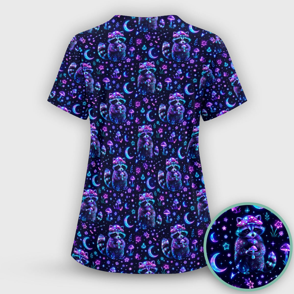 Neon Mushroom Raccoon Moonlight Nurse Scrub Top