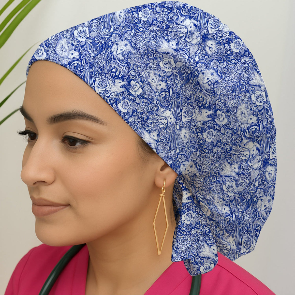 Blue Toile Opossum Floral Scrub Cap