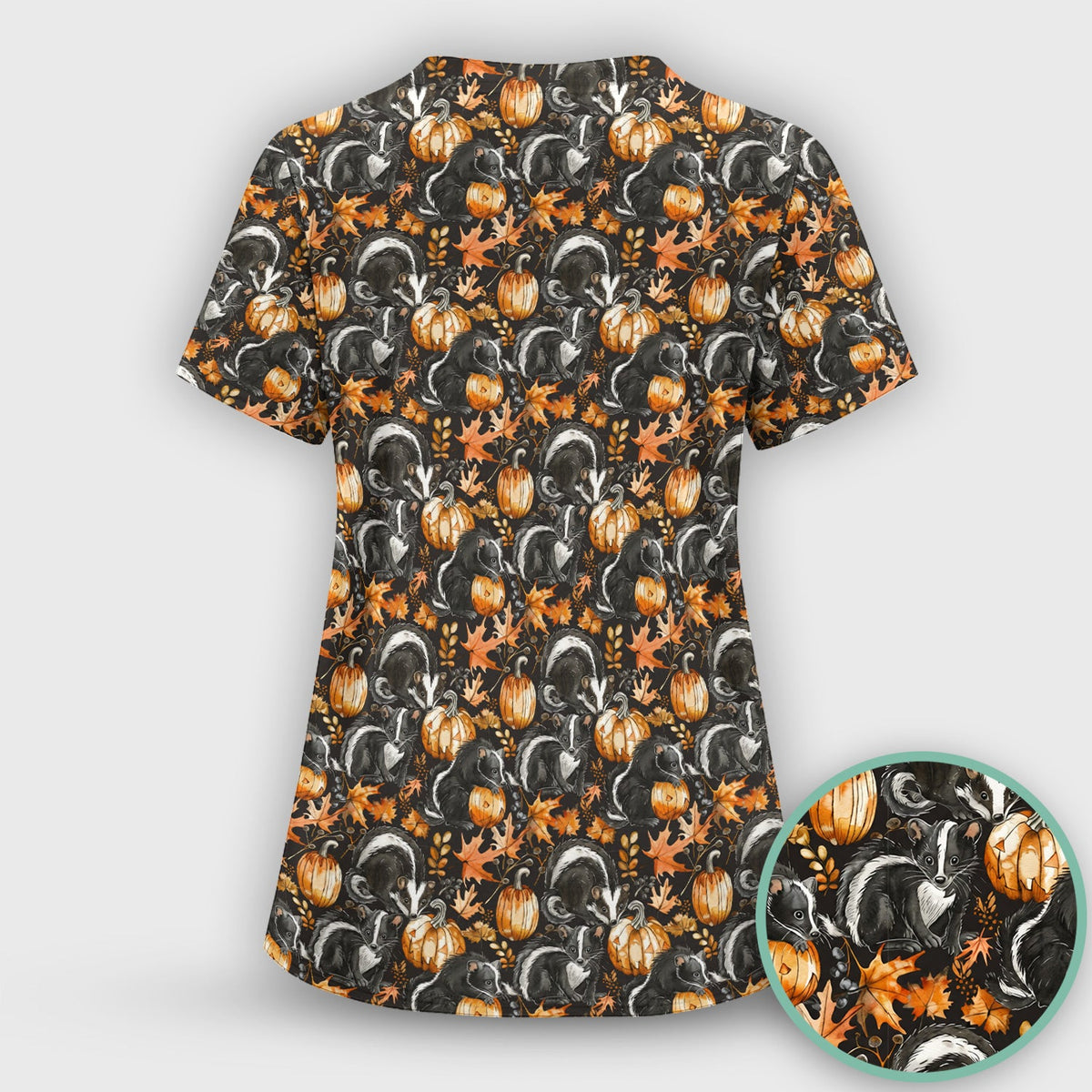 Skunk Pumpkin Autumn Leaves Nurse Scrub Top