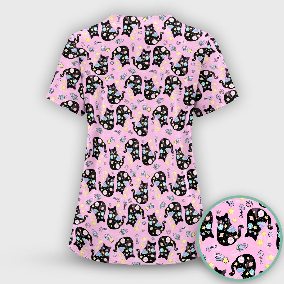 Galaxy Black Cat Space Nurse Scrub Top