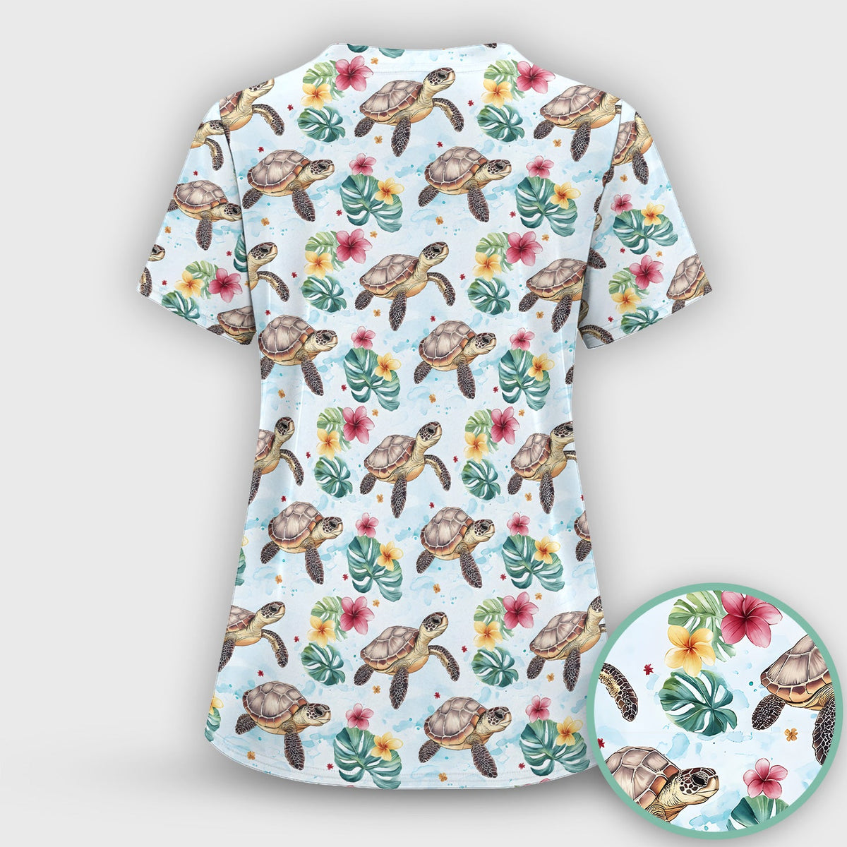 Sea Turtle Tropical Floral Nurse Scrub Top
