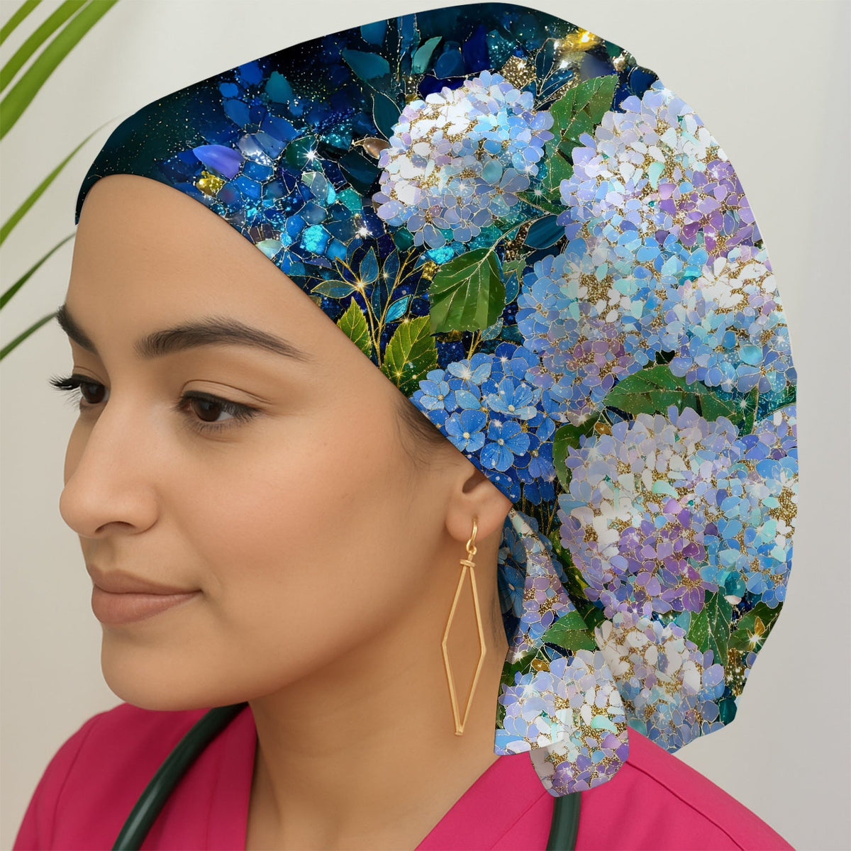 Blue Hydrangea Floral Scrub Cap