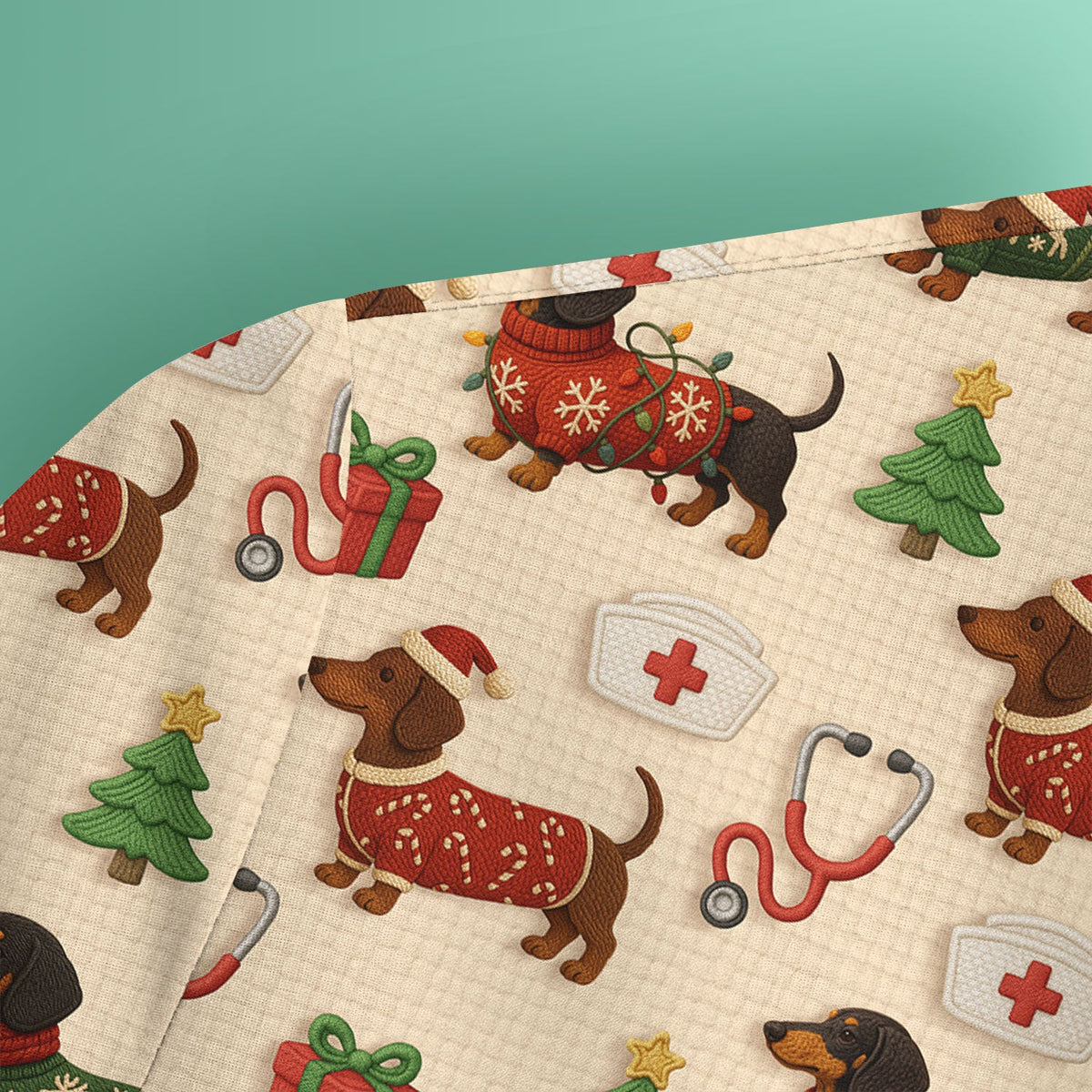 Christmas Nurse Scrubs for Women - Cute Dachshund Dog Print with Holiday Gifts & Trees - Custom Multi Color Nursing Shirt Gift