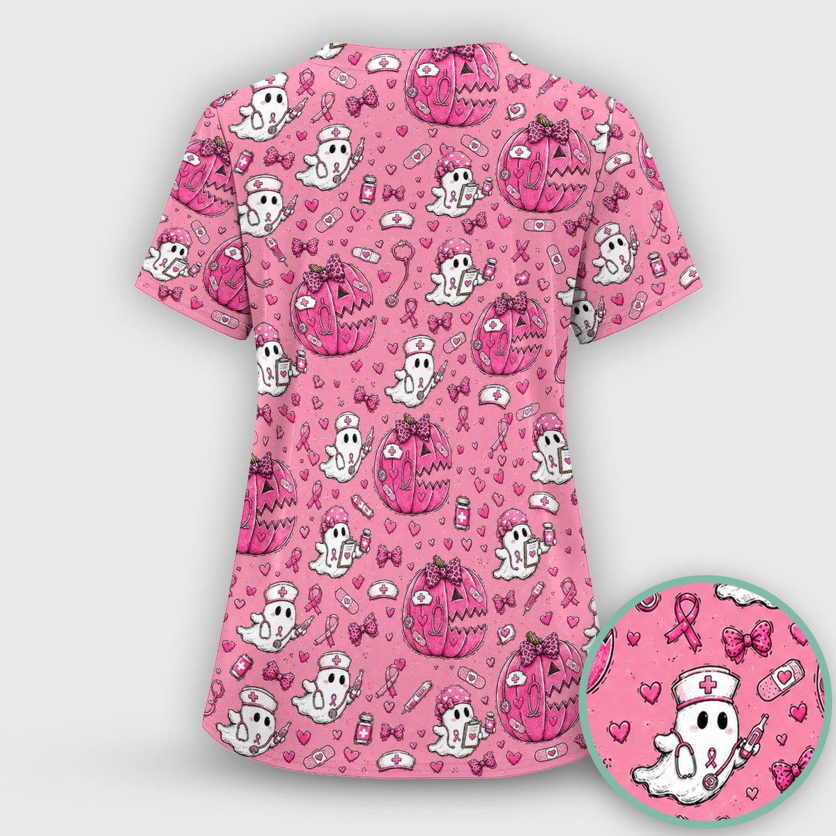 Pink Ribbon Ghost Pattern Nurse Scrub Set