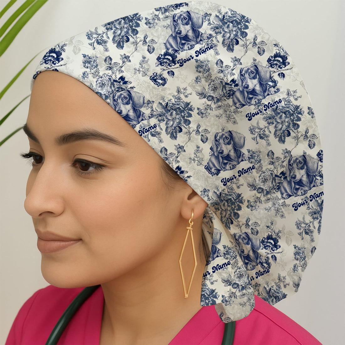 Personalized Vintage Floral Dachshund Portrait Scrub Cap