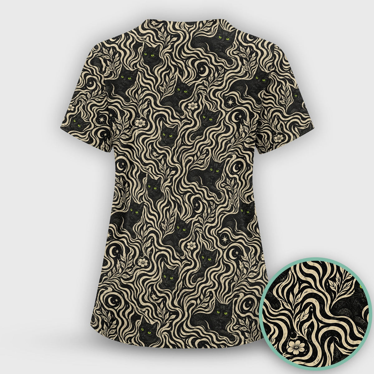Mystical Black Cat Moonlit Nurse Scrub Top