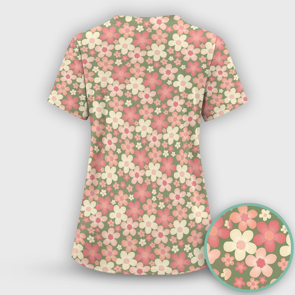 Retro Floral Print Nurse Scrub Top