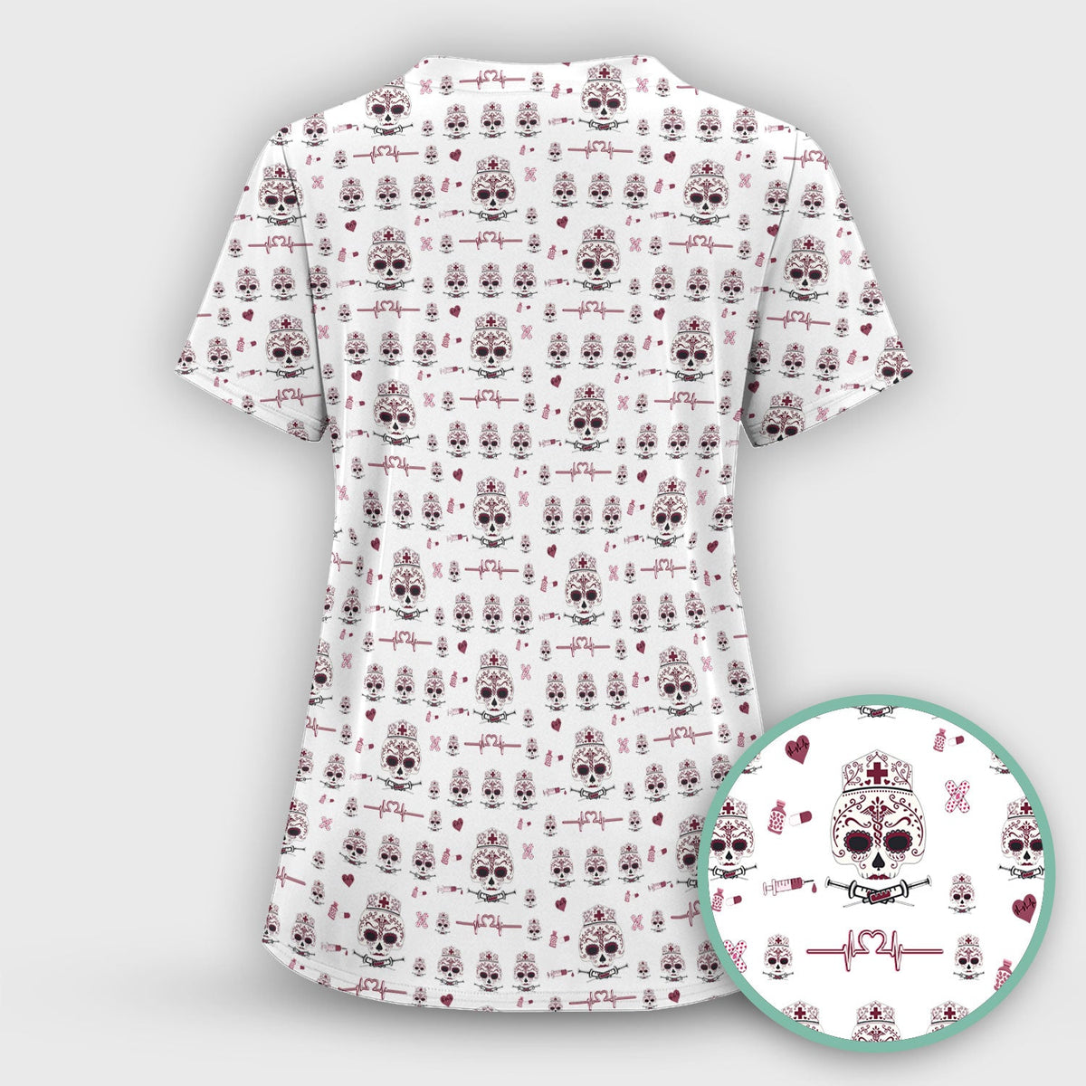 Sugar Skull Scrub Top, Skull Pattern Scrub Shirt, Breathable Fabrics Nursing Uniform