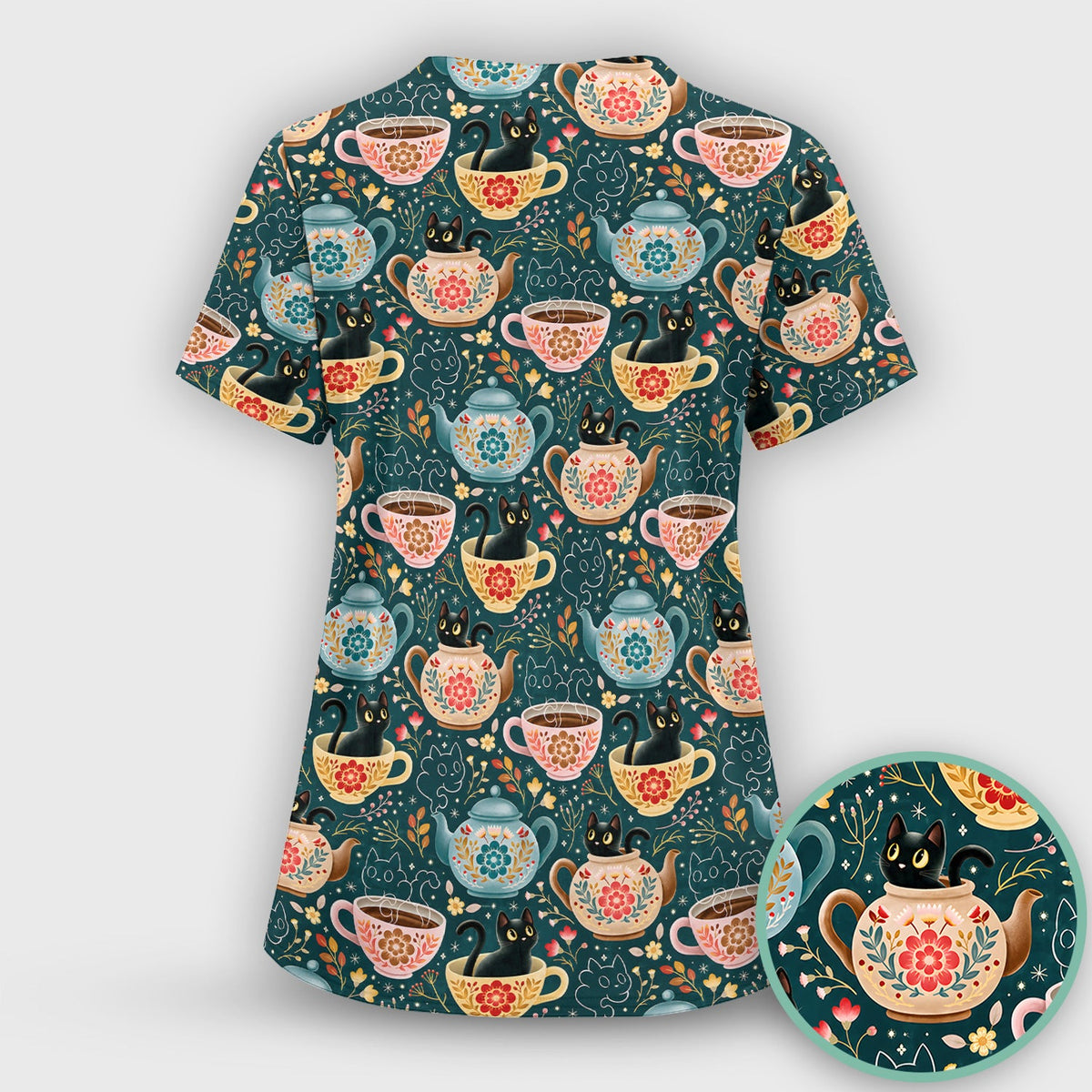 Black Cat Tea Party Veterinary Nurse Scrub Set