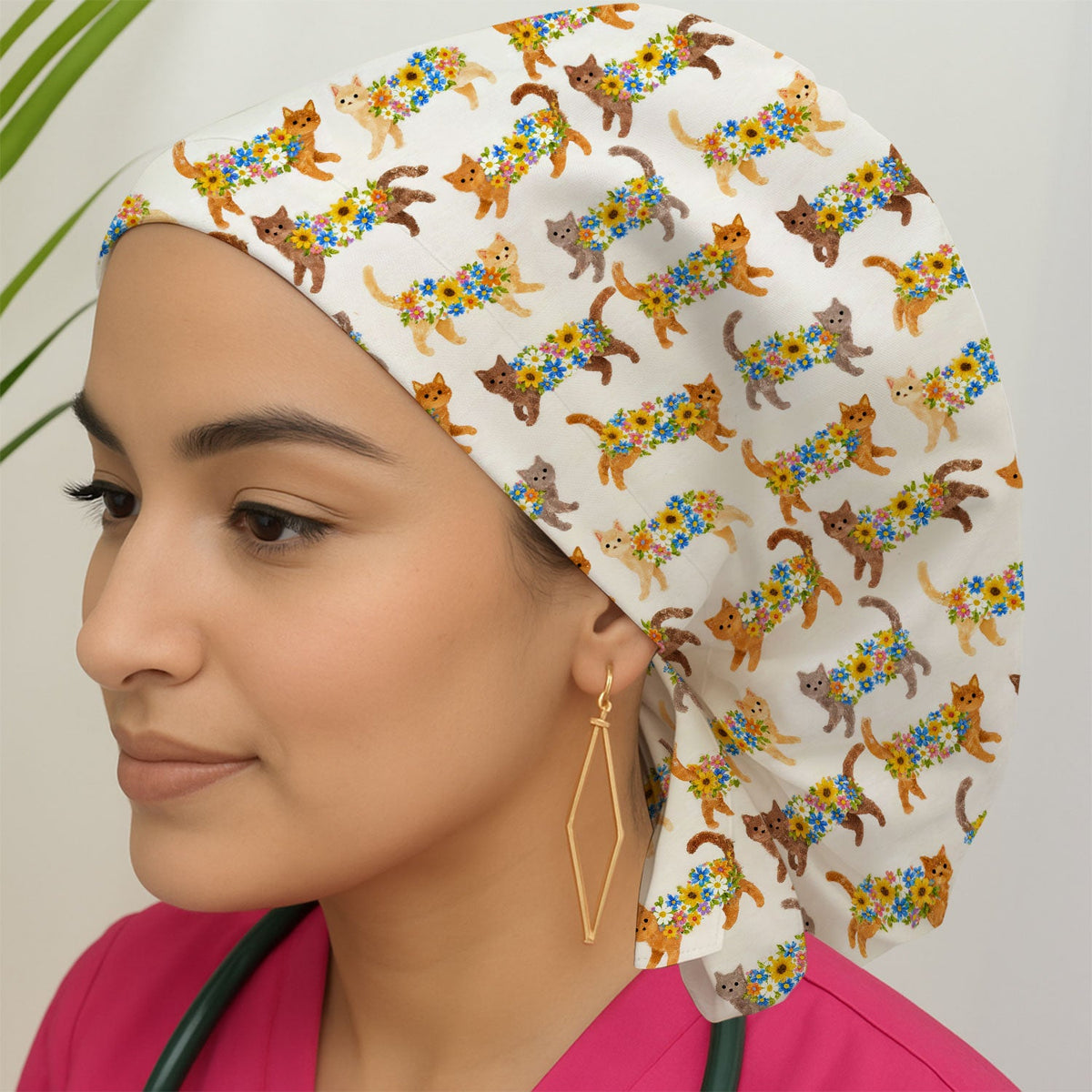 Flower Filled Cat Scrub Cap