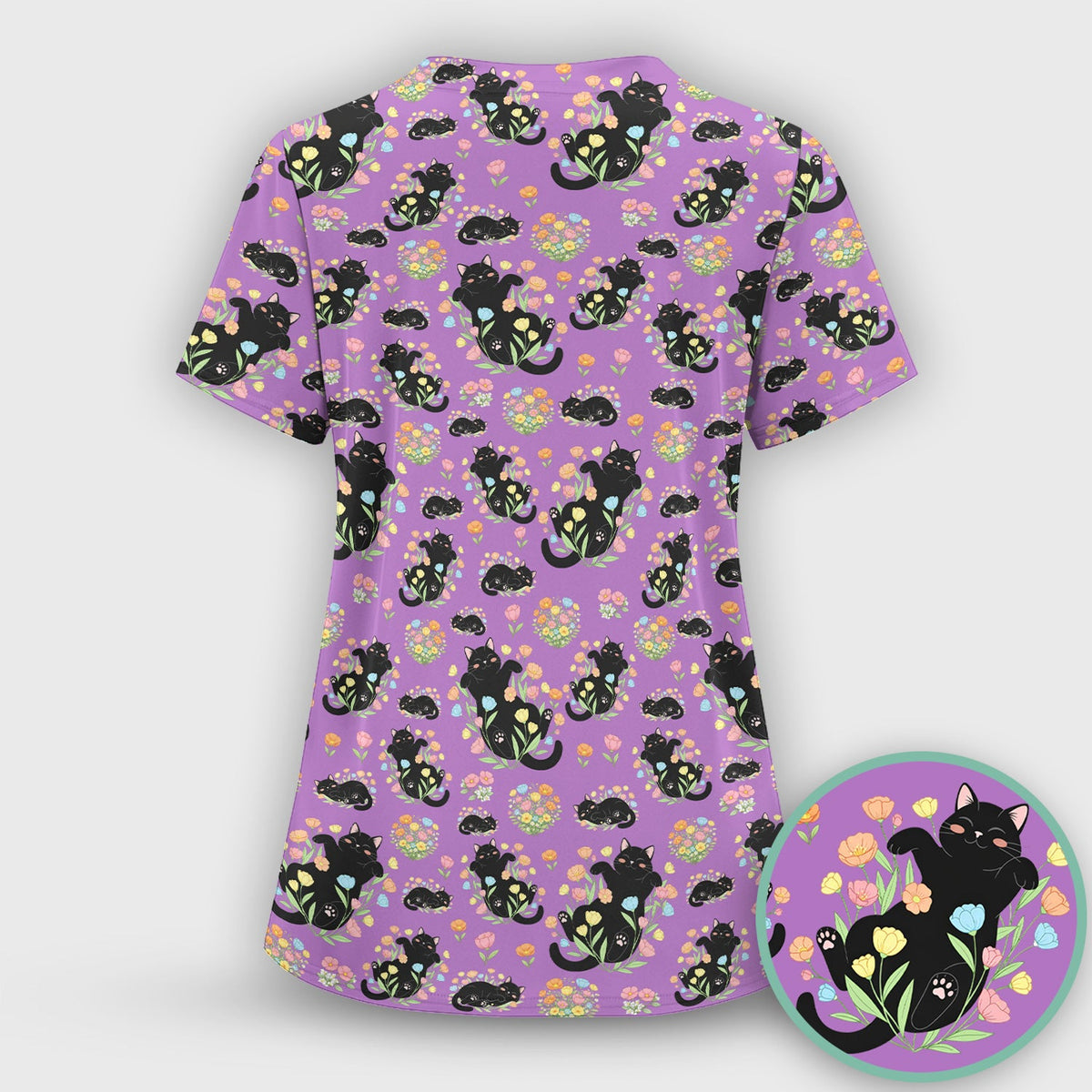 Cats Cute Poses Floral Nurse Scrub Set