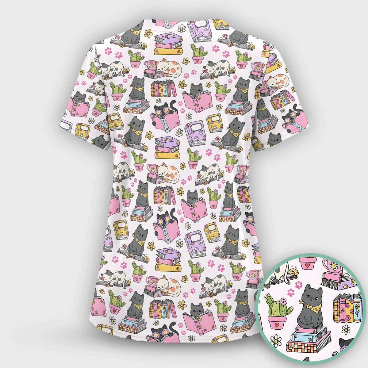Cat Book Cactus Nurse Scrub Top