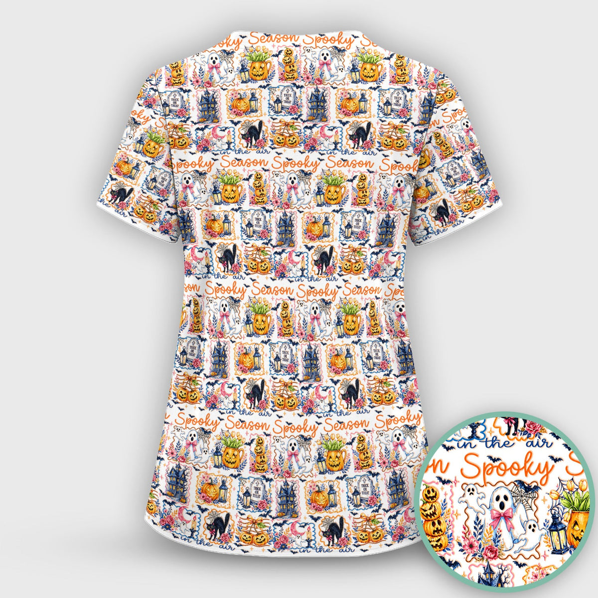 Spooky Pumpkin Ghost Pattern Nurse Scrub Set