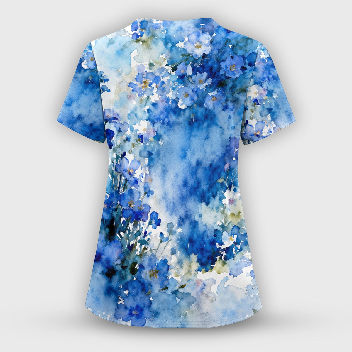 Adorable Blue Floral White Cat Nurse Scrub Set