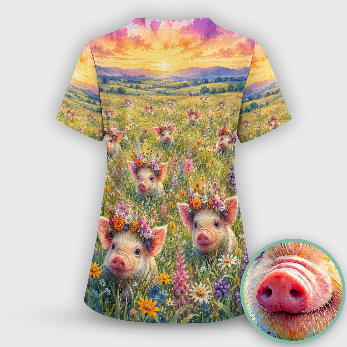 Floral Piglet Nurse Scrub Top