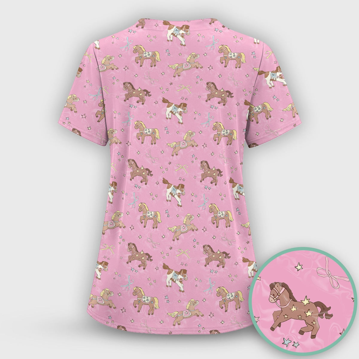 Cute Pony Star Pattern Scrub Set, Breathable Med Uniform
