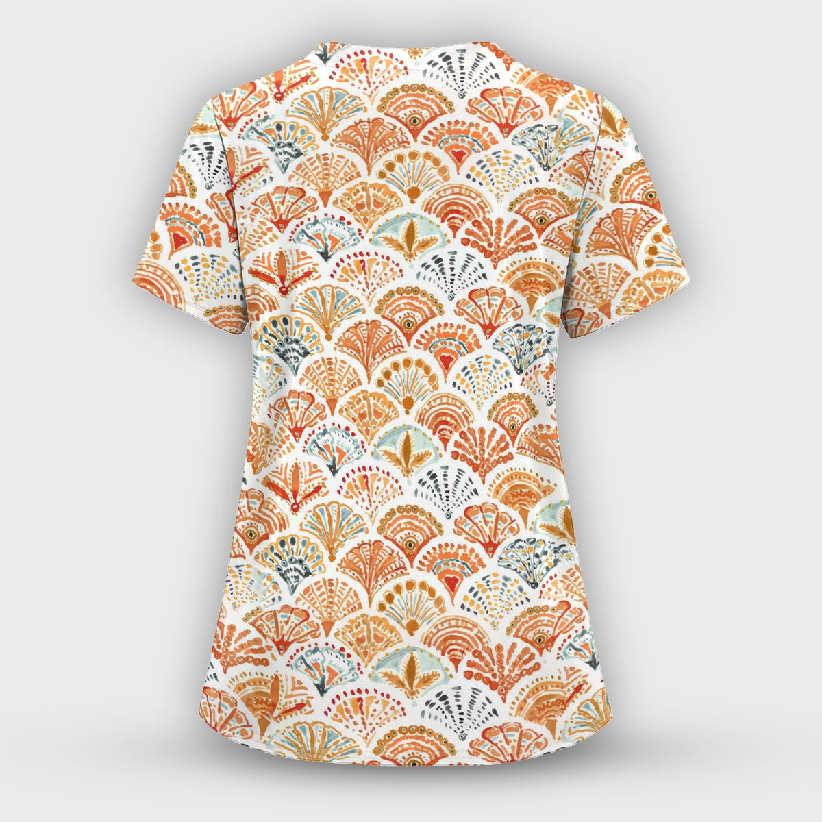 Cute Boho Fan Pattern Scrub Top, Breathable Fabrics Nursing Uniform