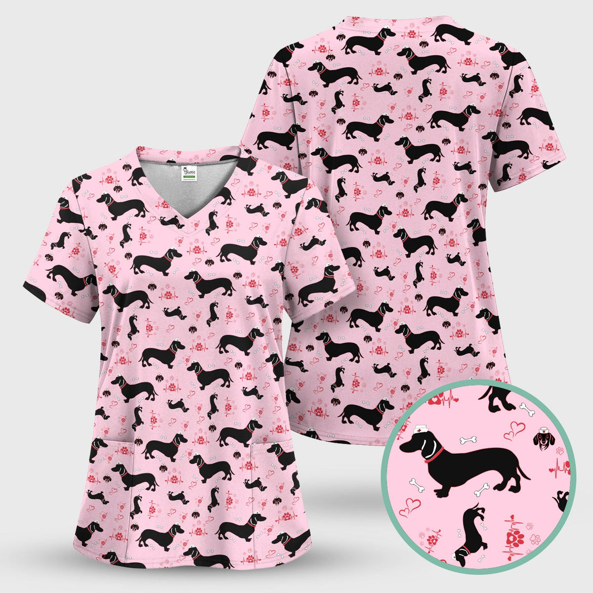 Dachshund Scrub Top - Cute Dog Print Scrubs for Women, Men Multi Color - Animal Scrub Shirt Gift for Nurse, CNA, RN, Doctor