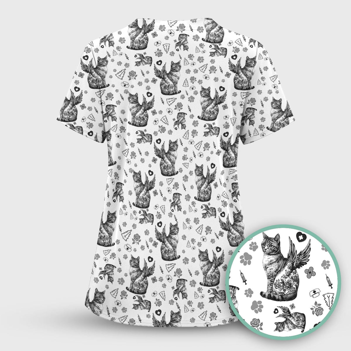 Toile de Jouy Cat Angel Scrub Top - Blue Vintage Nurse Shirt - French Style Medical Uniform for Women RN LPN CNA Gift