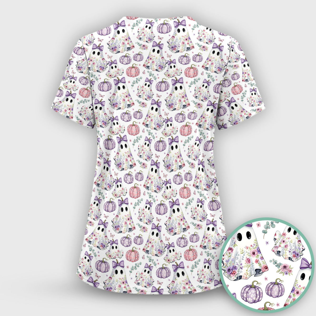 Floral Ghost Pumpkin Nurse Scrub Top