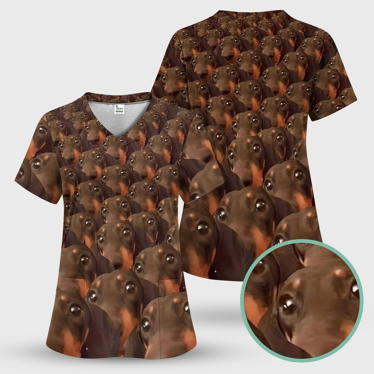 Funny Dachshund Scrub Shirt - Dog Face Print Scrub Top for Women Men - Cute Animal Scrubs Gift for Nurse, CNA, RN, Doctor