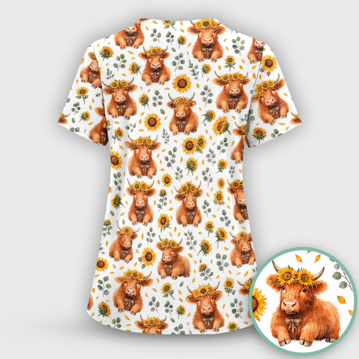 Rustic Highland Cow Floral Nurse Scrub Top