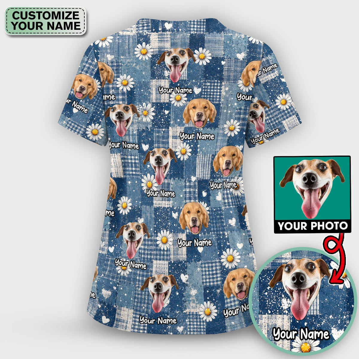 Personalized Dog Photo Patchwork Daisy Nurse Scrub Set