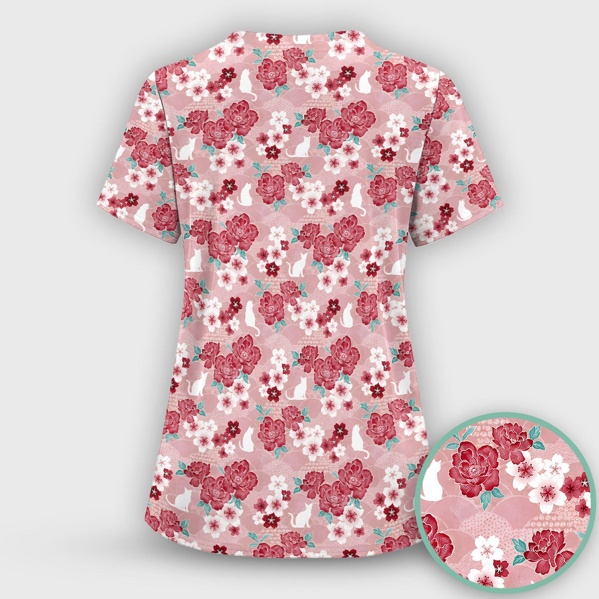 Floral White Cat Nurse Scrub Top