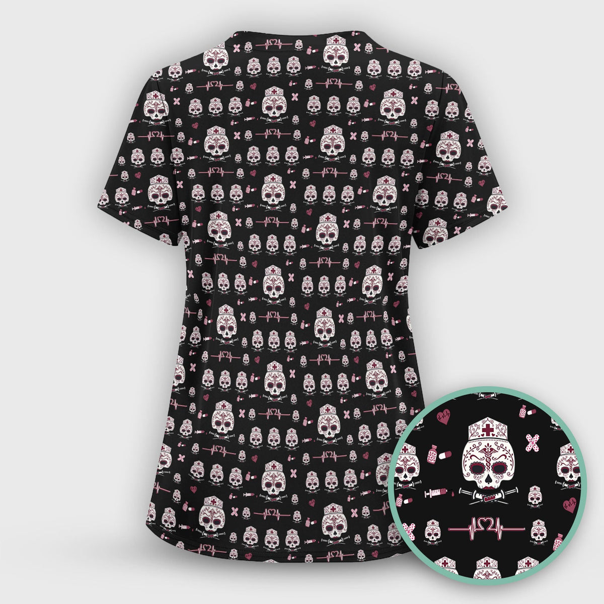 Sugar Skull Scrub Top, Skull Pattern Scrub Shirt, Breathable Fabrics Nursing Uniform