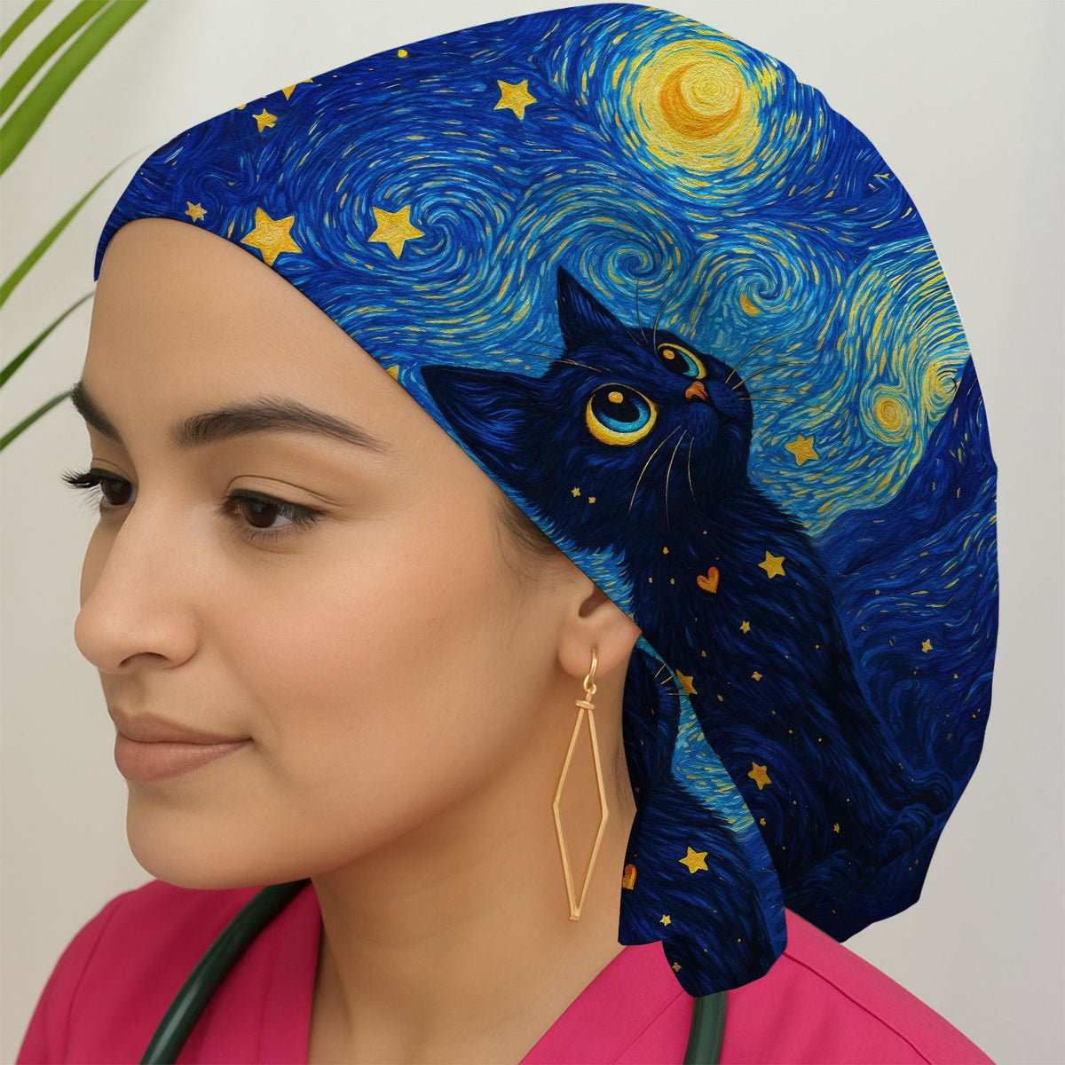Black Cat Starry Night Scrub Cap