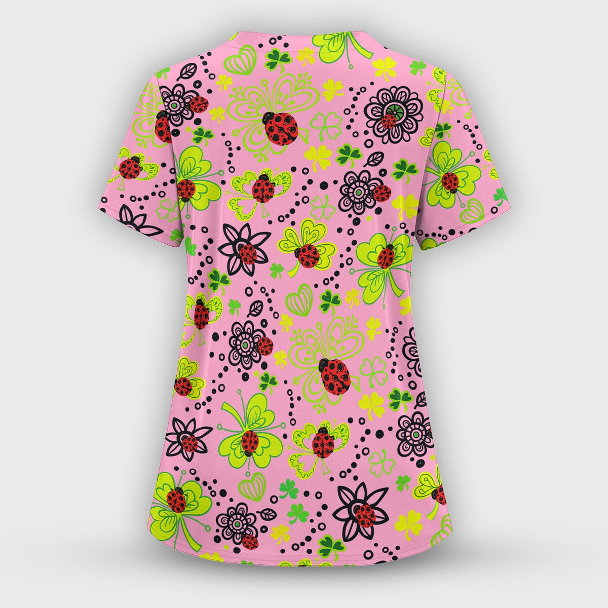 Ladybug Clover Floral Pattern Print Scrub Sets, Scrub Pants and V Neck Top