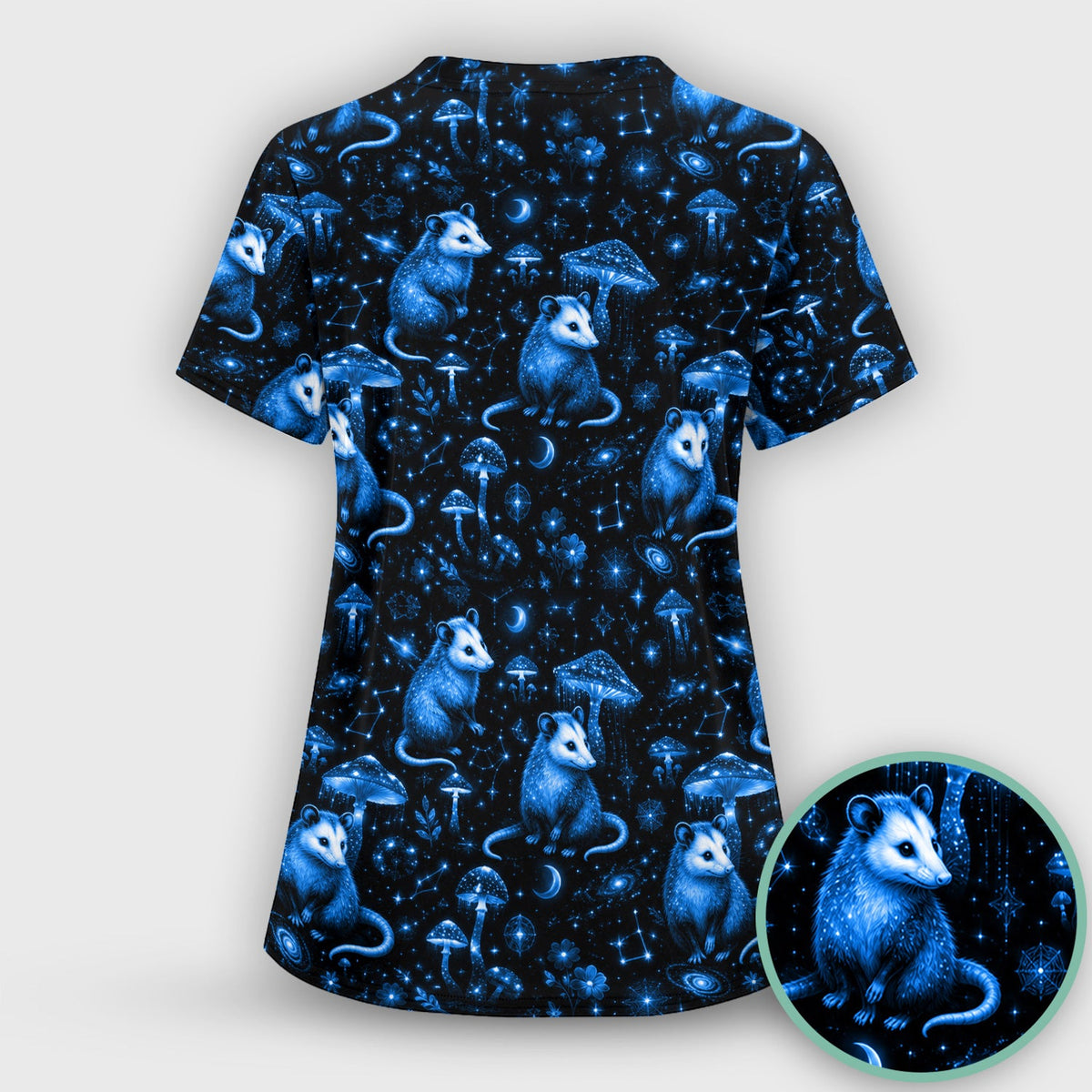 Celestial Blue Opossum Mushroom Nurse Scrub Top